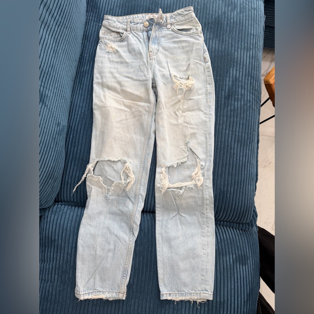 Bershka Light Blue Distressed Straight Leg Jeans